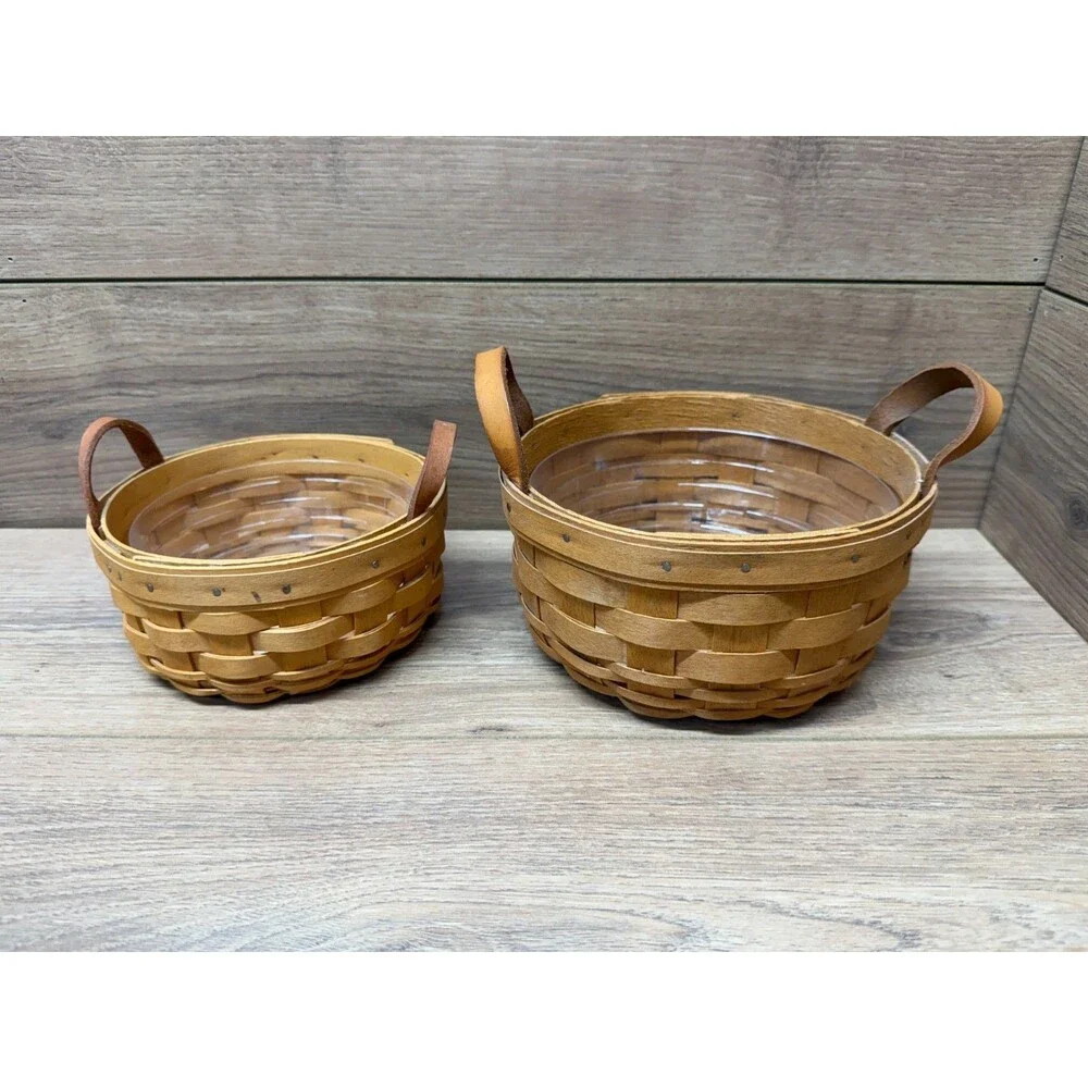 Longaberger Small Round Woven Baskets w/ Leather Handles 1996 & 2002